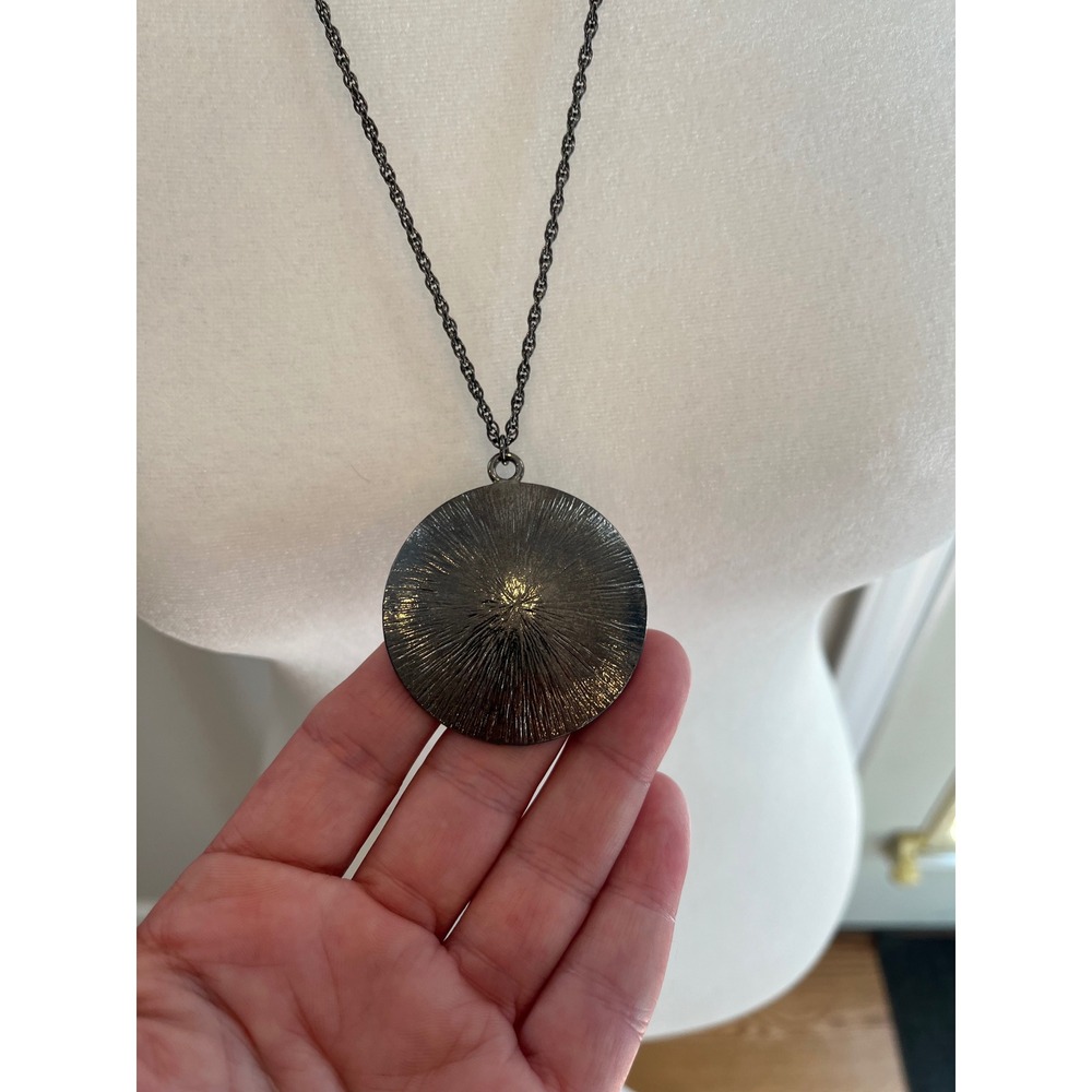 Gunmetal Sunburst Round Pendant Necklace Textured Dark Metallic Statement Jewelr